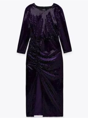 ZARA Women’s Purple Velvet Sequinned Midi Dress with open back